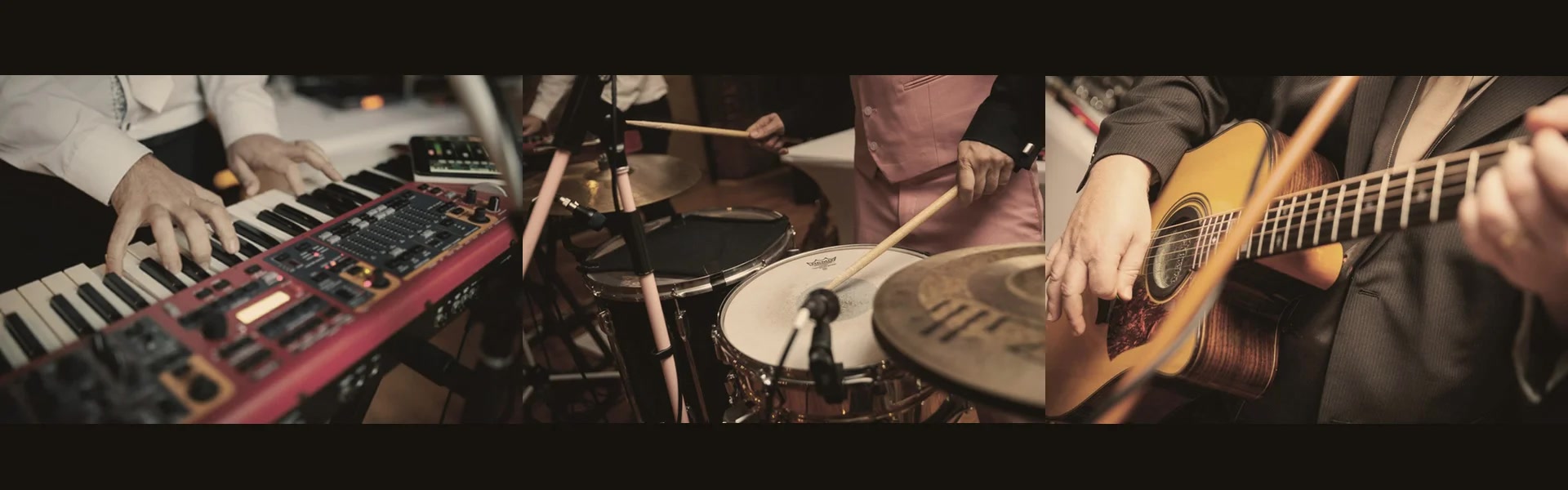 Close-ups of keyboard, drums and guitar