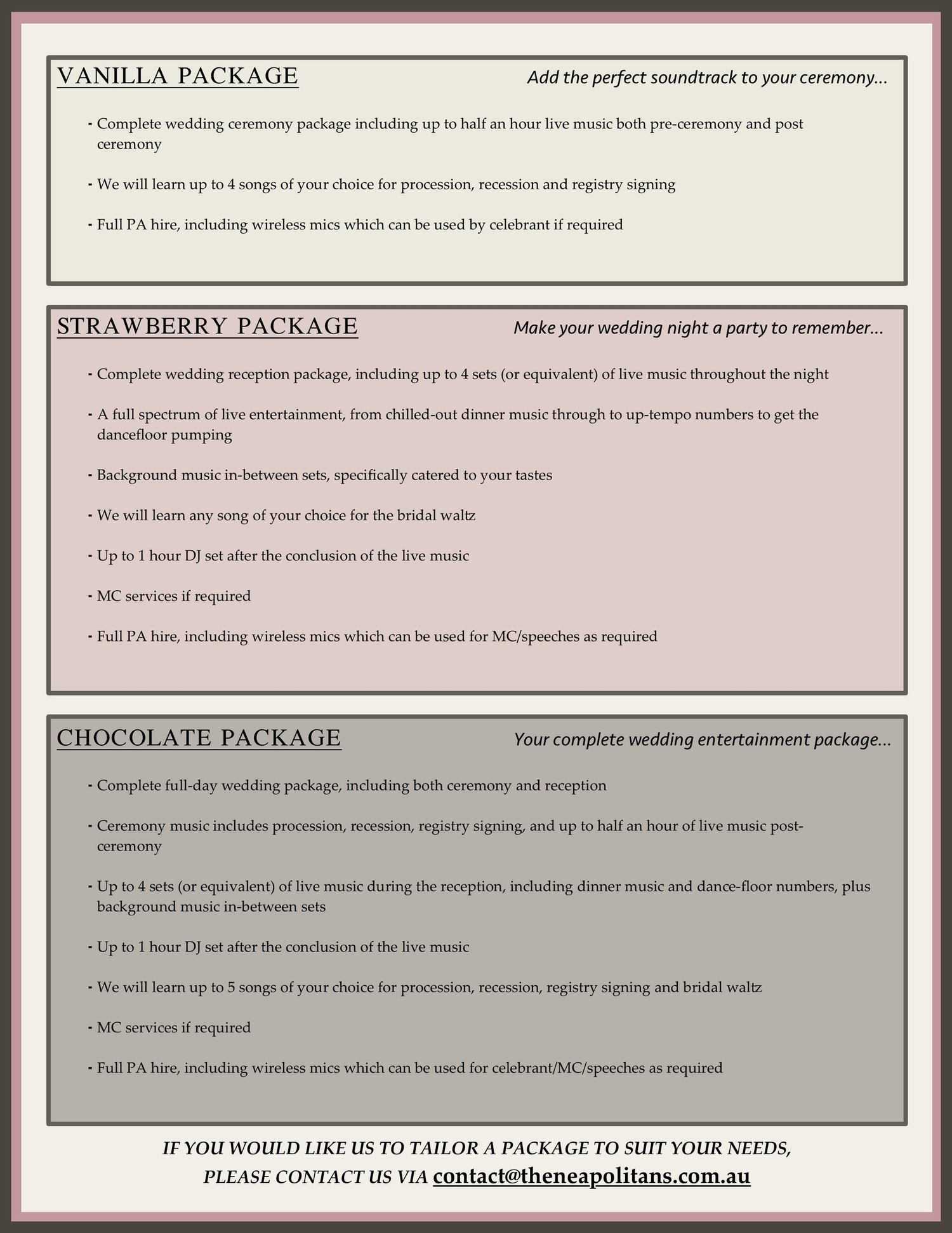 The Neapolitans wedding packages graphic